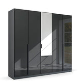 Mulheim 5 Door Basalt Glass Wardrobe with Mirror and Drawers - Pendle Village Furniture